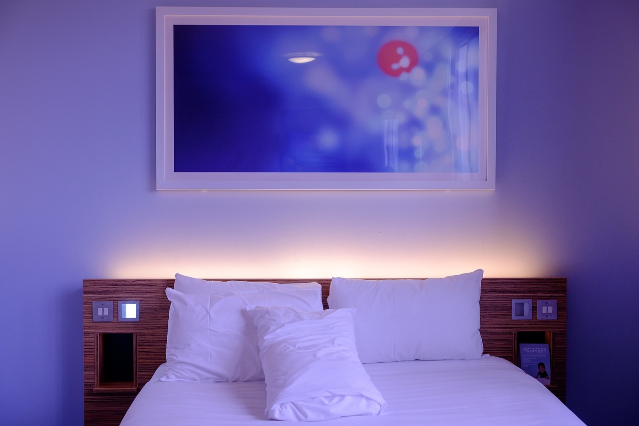 Elegant ingerichte logeerkamer met stijlvolle verlichting. Elegant ingerichte logeerkamer met stijlvolle verlichting.